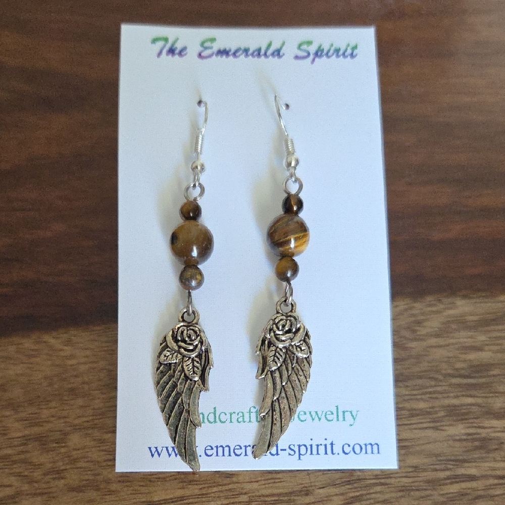Angel Wing Earrings with Tiger Eye Bead Accents